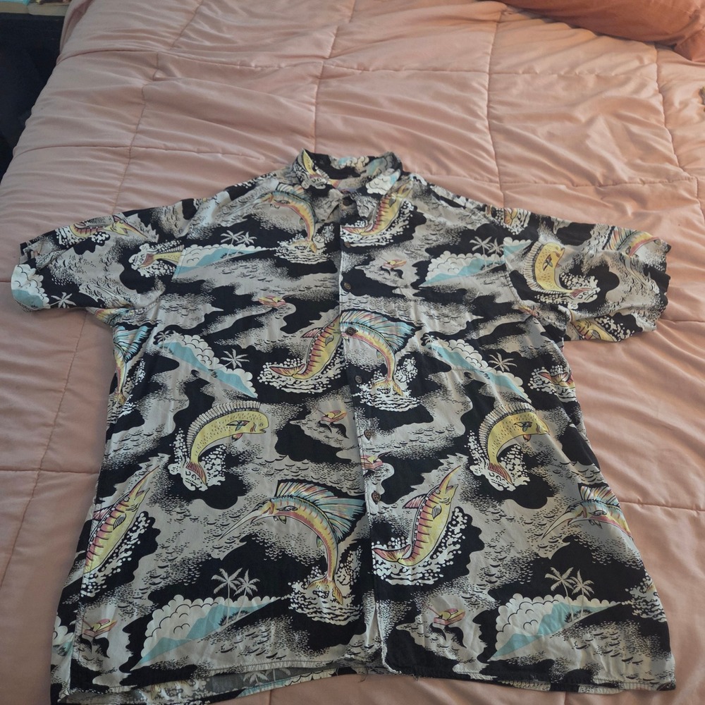 Reyn Spooner Hawaiian Shirt XXXL Marlin Mahi Mahi Fish Rayon Black Button Down